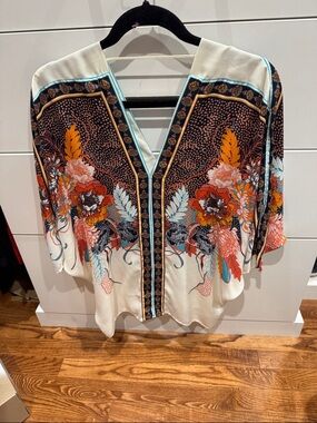 Rose & Olive Cream Tunic with Coral, Teal & Black Floral Print